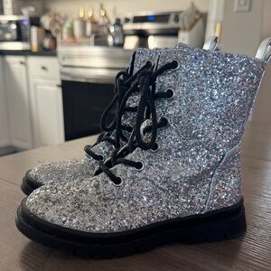 Kids Glittery Silver Combat Boots with Black Laces